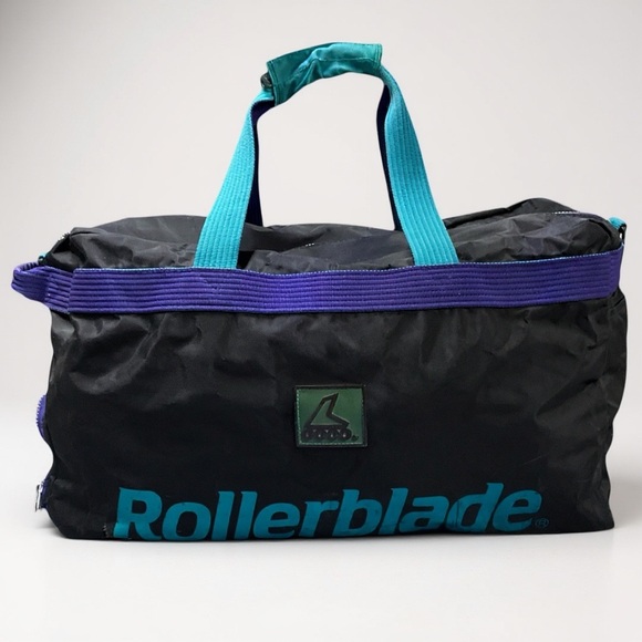🛼 Vintage Rollerblade Duffel Bag ⚫ 90s Nylon Logo Gym Skate Tote Purple Teal - Picture 1 of 7